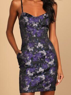 Lulus Got The Glow Purple And Blue Floral Jacquard Bustier Mini Dress